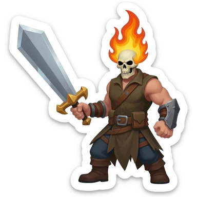 A sprite sheet of a man with a burning skull head swinging a large sword sticker