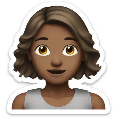 Brown hair girl with middle part and straight hair, light skin and brown eyes. Black tank top and waving sticker