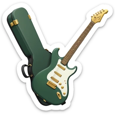 minimalist electric guitar in dark green, closed inside a black rectangular hard case with gold latches, soft matte textures, simplified details, compact artistic look sticker