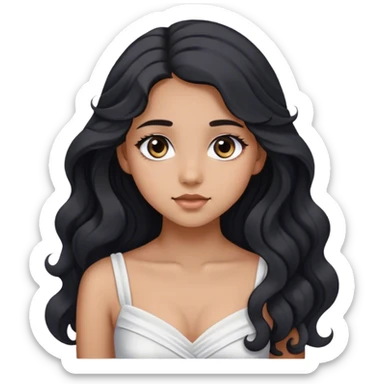 beautiful and pretty 16-year-old woman with big eyes, long wavy black hair, gray eyes, wearing a white dress, and posing slightly diagonally. sticker