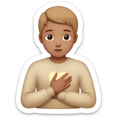 A person sitting still with their hand gently placed on their chest. A soft, warm light begins to emerge from within, symbolizingAround them, faint, blurred images of childhood moments float in the air, still distant slowly clearer as they focus on present sticker