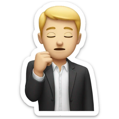 person with eyes closed, one hand pointing down, the other in a fist covering his mouth. sticker