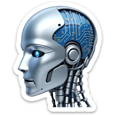 An icon featuring a humanoid robot head, neural network connections, and binary code, symbolizing artificial intelligence. The design includes a brain with circuits and machine learning algorithms, representing the study and development of intelligent systems. Transparent background  sticker