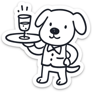 cute line drawing for coloring: a dog waiter serving a tray in a bar, simple line style, no fill, for children to color sticker