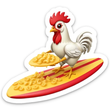 rooster eating mac and cheese on a surfboard sticker