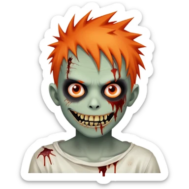 boy zombie with orange skin, orange spikey emo hair, black and red eyes, bloody smile, intense expression sticker