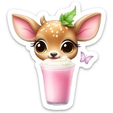 baby deer with fairy wings and a pink bow around its neck drinking iced matcha latte  sticker