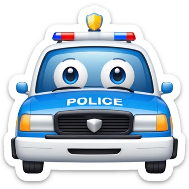 A blue and white police car with a friendly smiling face on the front sticker