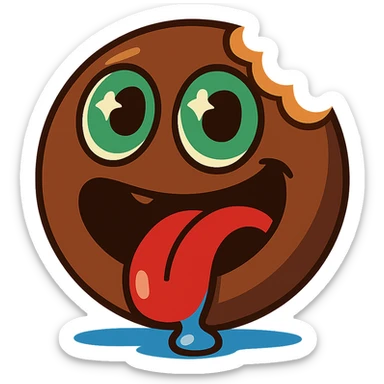 bold fun cartoon emoji mascot, round chocolate brown face, big green eyes with sparkles looking upward, goofy open mouth with a bite out of the side, long red tongue, shiny blue drool dripping and pooling, exaggerated hungry expression, glossy finish, white background sticker