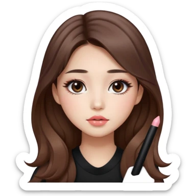“korean straight brown hair Emoji girl, soft eyeliner and blush, gradient lips, light brown shimmer eyeshadow, long wavy hair,  sticker