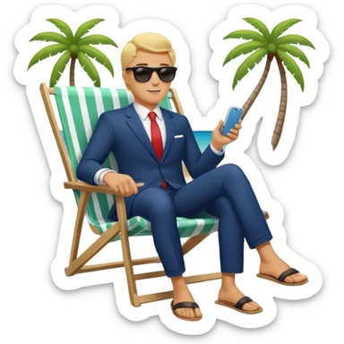 blonde businessman in suit sitting in beach chair on vacation, tropical beach sticker