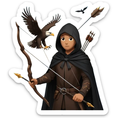 hooded man in a tall buliding a silloute shot, bow and arrows in hand. in the sky a big eagle is flying in modern time sticker