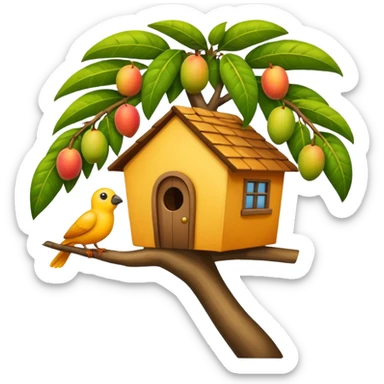 a mango tree with a small house on the branch, a bird peeking out from the house roof, emoji style sticker