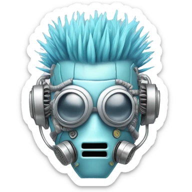 Pastel blue Mohawk cyborg head with silver respirator mask, goatee and circuits sticker