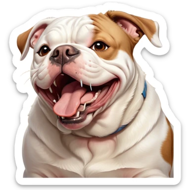 Cinematic Cute Yawning White and Brown American Bulldog Portrait Emoji, Head tilted slightly with a dramatic, wide-open yawn, soft white fur with bold brown patches, floppy ears slightly drooping, round brown eyes barely open in drowsy contentment, Simplified yet irresistibly adorable features, highly detailed, glowing with a soft, cozy glow, high shine, relaxed yet expressive, stylized with a touch of whimsy, bright and endearing, soft glowing outline, capturing the essence of a sleepy yet affectionate pup, so drowsy it feels like it could stretch right out of the screen and curl up for a nap! sticker