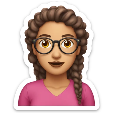 mujer con pelo largo, rizado y castaño, piel blanca con pecas y gafas redondas con montura rosa sticker