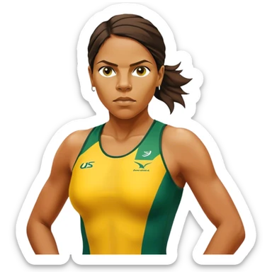 Cinematic Realistic portrait of Cathy Freeman, shown as an iconic Australian sprinter with a focused, determined expression and modern athletic yellow and green attire accented with subtle native motifs, rendered in dynamic, vibrant lighting sticker