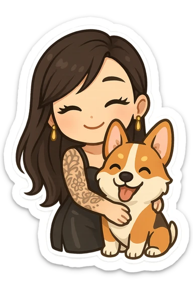 chibi sticker of an Asian girl with long hair and wispy deep side bangs, wearing a black leather dress, gold earrings, false lashes, and a 3/4 sleeve tattoo on her left arm, hugging a happy red head tri-color corgi, simplified, clear, emoji-like sticker