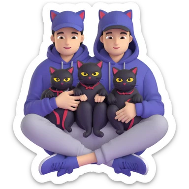 guy with a cap and hoodie, two black cats on his lap sticker