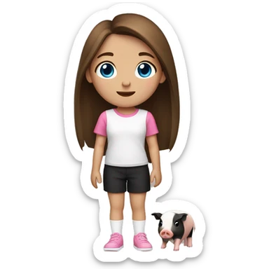 11 year old girlwith blue eyes, straight brown hair, pink shirt, black shorts and white shoes holding  a small black, brown and white gueani pig sticker