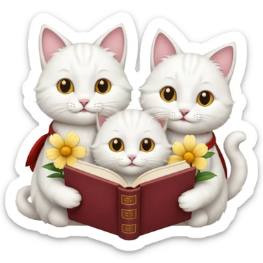  3 white Cats reading book + flower sticker