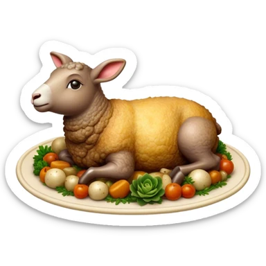 Cinematic Realistic Roast Lamb Dish Emoji, depicted with tender, succulent lamb roasted to perfection and served with seasonal vegetables, rendered with rich textures and inviting warm lighting that captures its traditional heritage. sticker