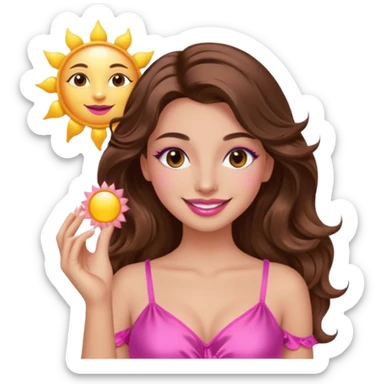 girl with long wavy brown hair, brown eyes, long lashes makeup, sexy pink lips, smiling, light to medium complexion, wearing a pink sexy silk top, holding the sun icon  sticker