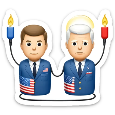 symbolic hot wire connecting Russia and USA with Russian and US flags at each end, glowing wire in the middle, cartoon faces of John F. Kennedy and Nikita Khrushchev on each side, tense Cold War atmosphere sticker