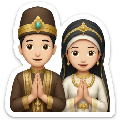 javanese person with shy smile (male) with blangkon hat and prayer hand, and also a javanese bride with sanggul and a shy smile sticker