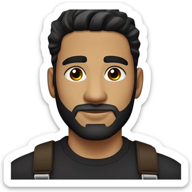 25 year old Hispanic man with a beard and thick eyebrows light skin, black shirt and side fades and a comb over with very dark brown eyes, no mustache sticker