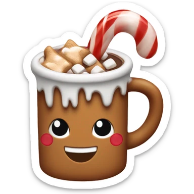 A gingerbread mug filled with hot cocoa and a candy cane with toasted marshmallows sticker