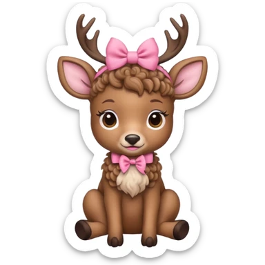 cute deer with curly fur, sitting down, wearing a bow on its head. sticker