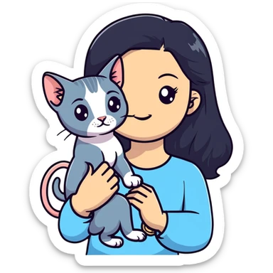 beautiful girl with long black hair holding a hairless sphinx cat sticker