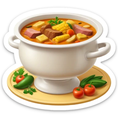 Cinematic Realistic Sancocho Soup Dish Emoji, featuring a rich, hearty stew with diverse meats and vegetables rendered with lifelike detail and warm, comforting lighting. sticker