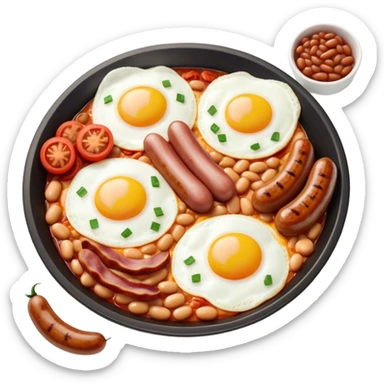 Cinematic Realistic English Breakfast Dish Emoji, showcasing a hearty ensemble of eggs, bacon, sausages, baked beans, and grilled tomatoes rendered with lifelike texture and vibrant, appetizing detail that exudes comforting tradition. sticker