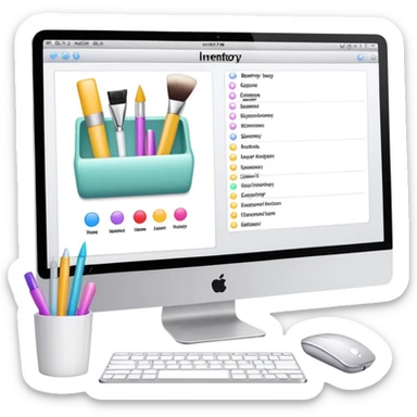 iMac showing beauty salon inventory software with notebook and pen next to it sticker