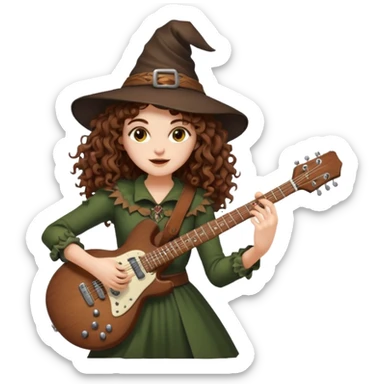 Brown eyes, brown hair curly forest witch playing electric guitar sticker