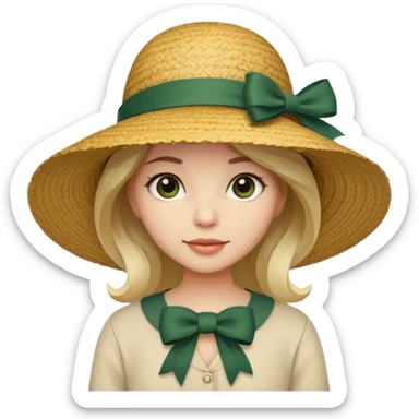 light beige women's straw hat with large brim and dark green bow sticker