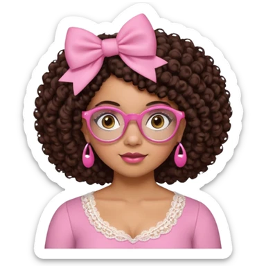 medium-light kinned afro-latina girl with medium length chocolate brown side part curly hair, small pink bow, brown glasses, brown eyes, pink and white sweetheart necklined top with lace, round wide-ish nose, chubby oblong face sticker