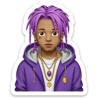 Juice WRLD with purple dreadlocks, 999 tattoo, gold chain, and hoodie sticker