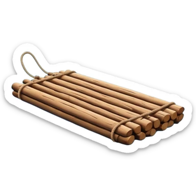 showing a simple wooden raft floating on calm blue water — made of several brown logs tied together with rope — gentle ripples around it — bright, cheerful lighting and soft shadows — minimalist, clean emoji design sticker
