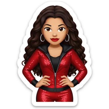 Jordin Sparks with long dark brown hair, red sequin outfit sticker