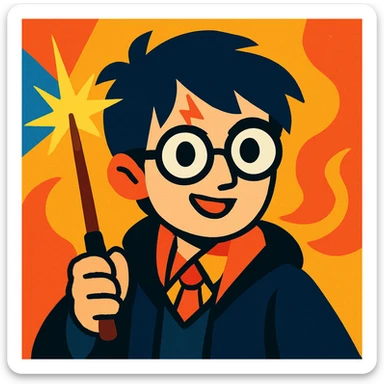 Harry Potter with glasses, lightning scar, and wand in vibrant cartoon style sticker