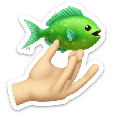 A hand with a needle about to touch a Green puffer fish sticker