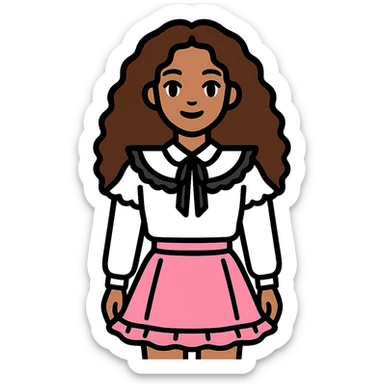 Make the girl with longer curly brown hair, keeping her light skin, brown eyes, white blouse with ruffles, and pink skirt with ruffles, no background. sticker