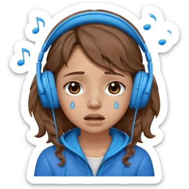 A crying girl with wavy hair listening to music with blue headphones sticker