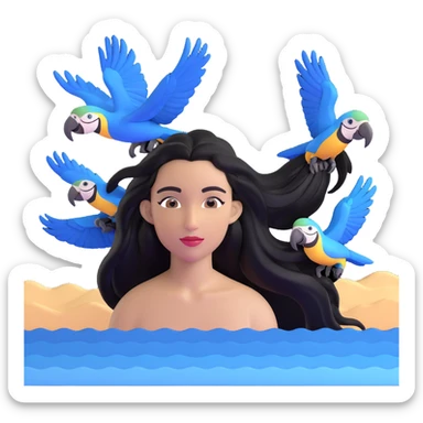 close-up of a woman's face with long black hair, light brown skin, blue macaws flying around her head, and the arches of Atalaia Beach (Aracaju-SE) subtly in the background sticker