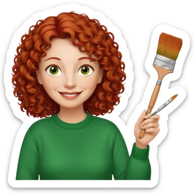 FEMME FRISÉ 60 ANS CHEVEUX ROUX FRISÉ SEMI LONG SOURIANTE AVEC CHANDAIL VERT YEUX BRUN ET UN PINCEAU À LA MAIN LA MAIN AVEC 5 DOIGT SEULEMENT  sticker