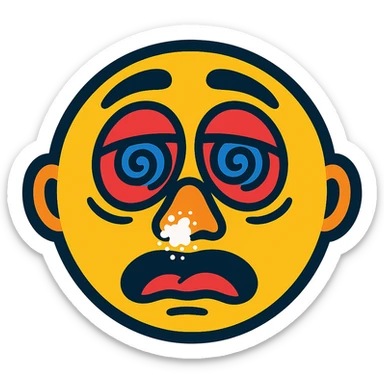 woozy cartoon face with white powder on nose, subtle reference to cocaine, vibrant toon style sticker