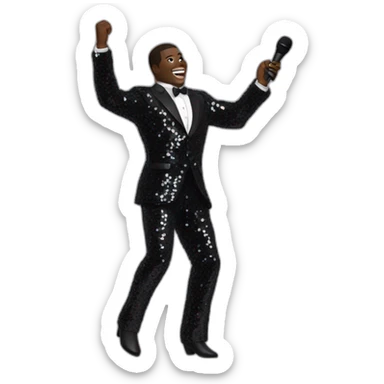 sam richardson in a black sequin suit holding a microphone singing full body dancing sticker